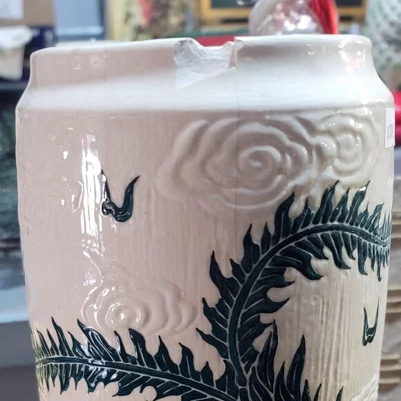 Tall Vintage Oriental Vase with Green Dragon and Peacock